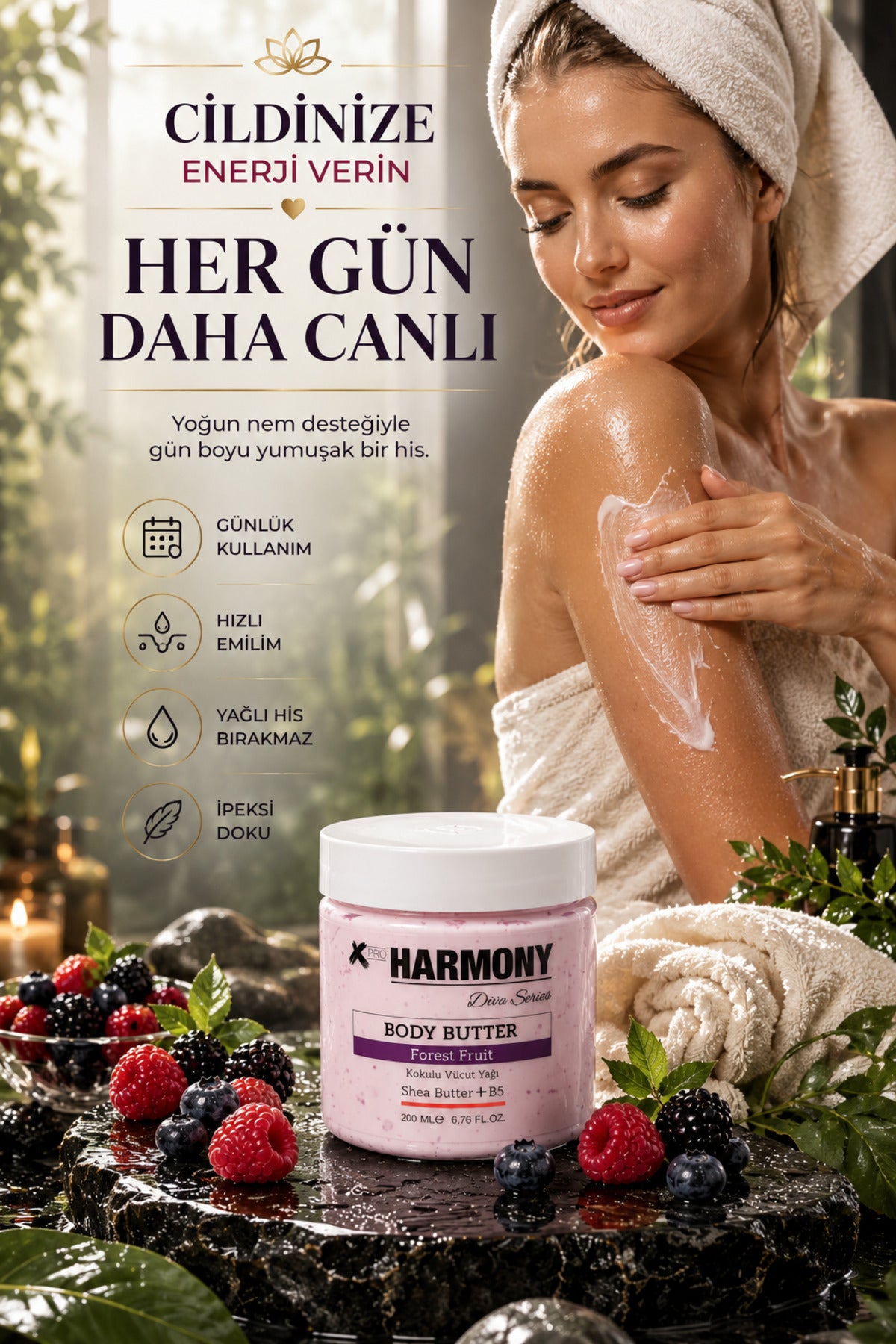 Fruit Body Butter 200 ml | Shea Butter + Vitamin B5 + Argan Oil İçeren Yoğun Nemlendirici Vücut Bakım Kremi