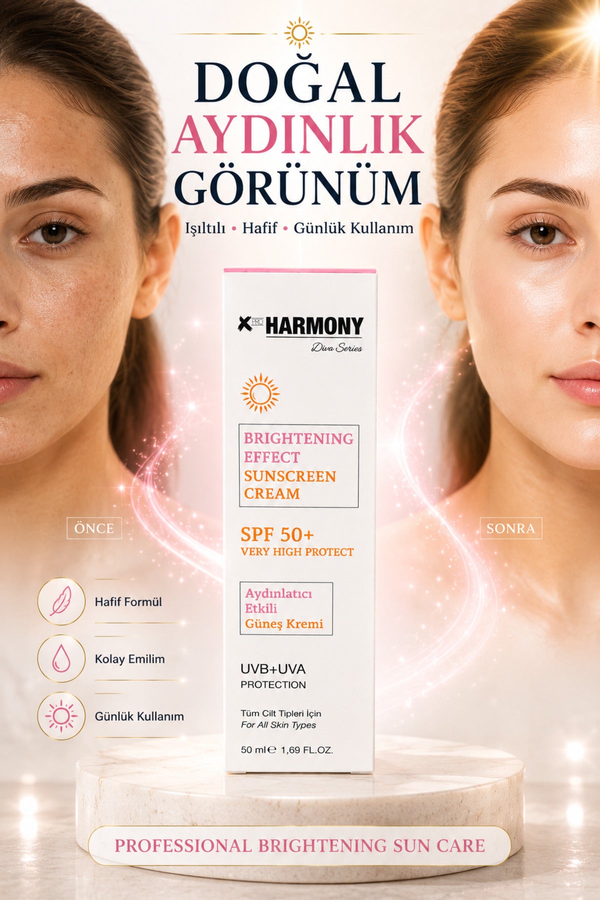 SPF 50+ Aydınlatıcı Etkili Güneş Kremi UVA+UVB Koruma Panthenol Hyaluronik Asit 50 ml