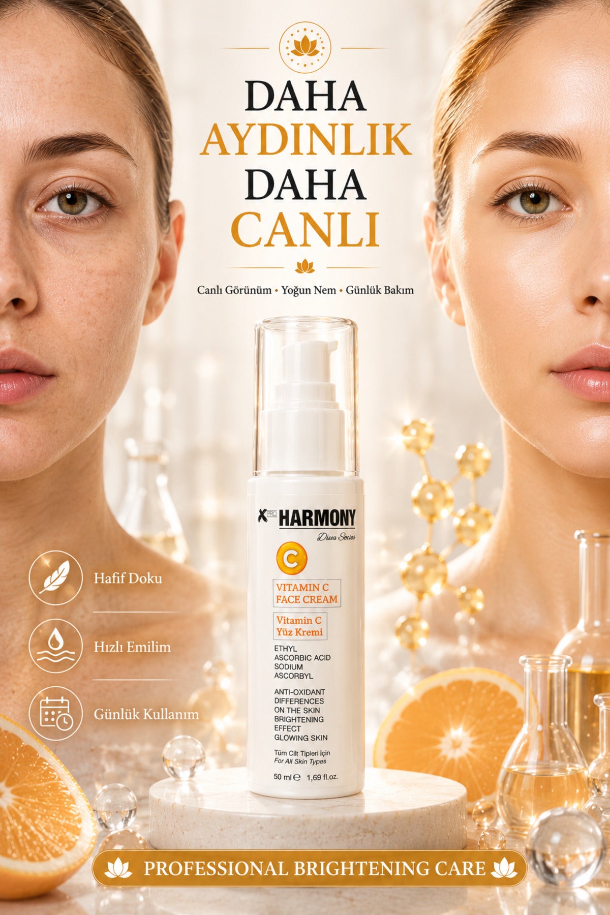 Vitamin C Aydınlatıcı Yüz Kremi 50 ml | Antioksidan Günlük Nemlendirici Cilt Tonu Eşitleyici Bakım
