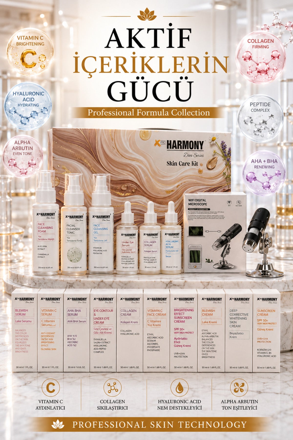 Profesyonel Cilt Analiz & Bakım Seti | 16 Parça Premium Skin Care Kit + WiFi Dijital Mikroskop + Taşıma Çantası