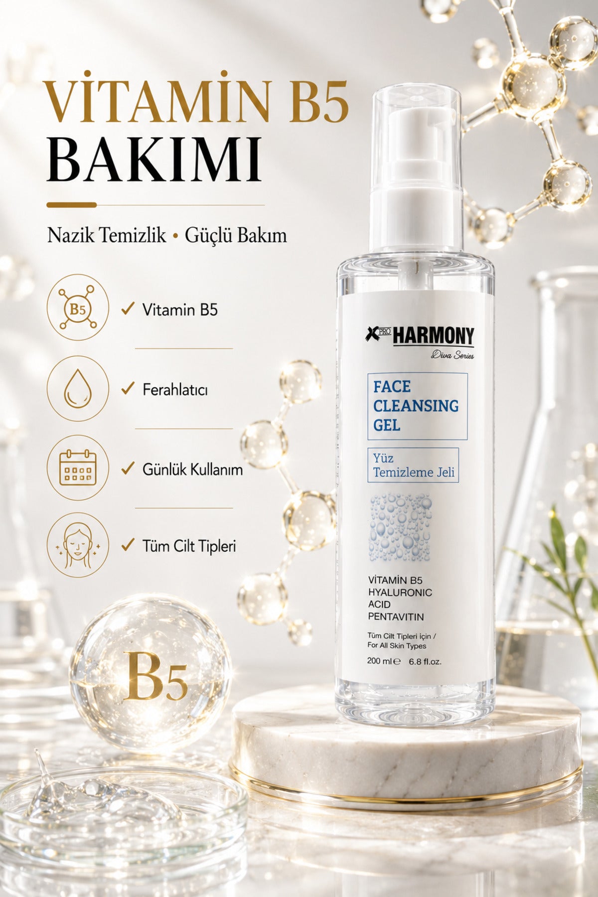 Nem Destekleyici Yüz Temizleme Jeli 200 ml | Hyalüronik Asit & Vitamin B5 | Günlük Cilt Temizleyici