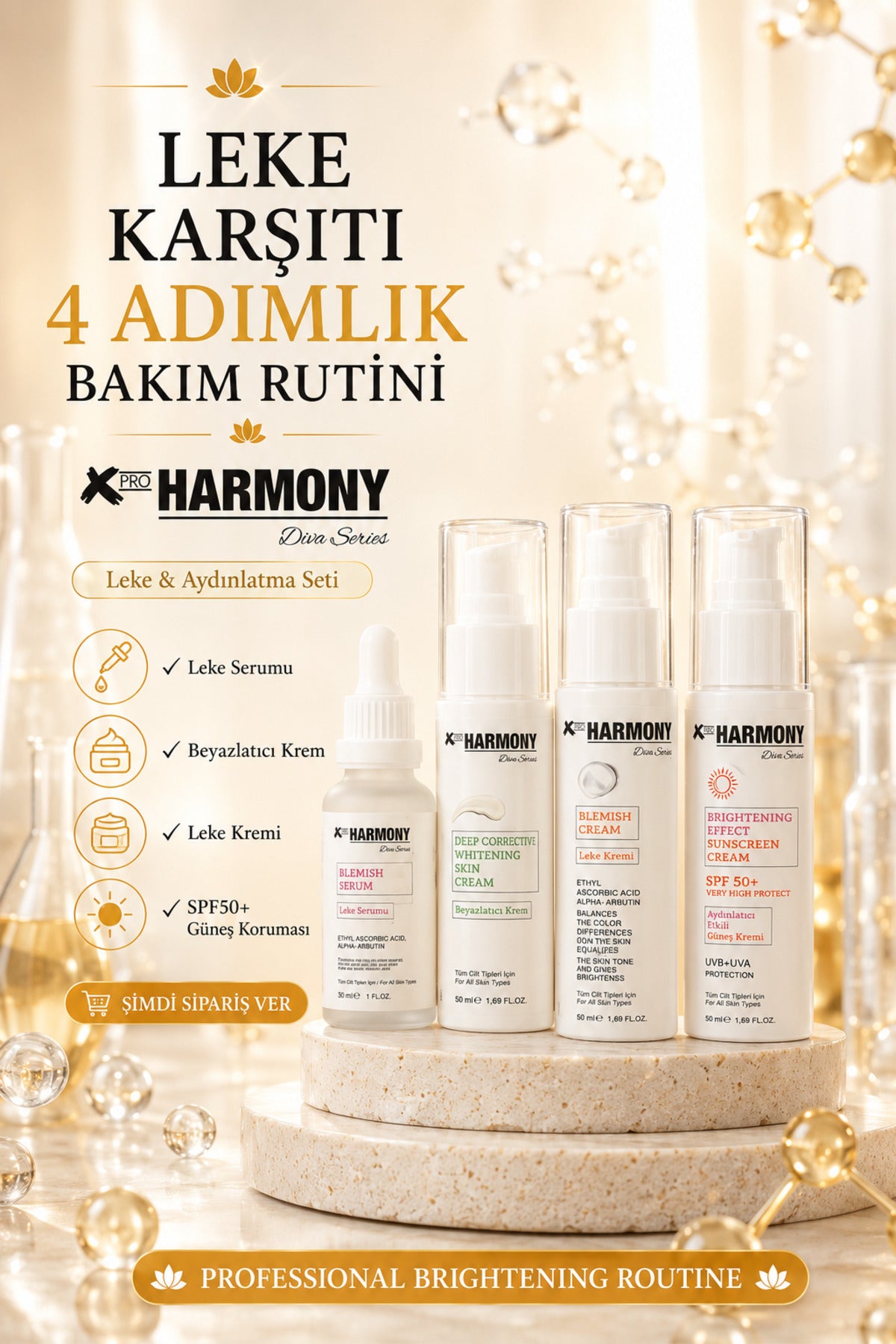 Leke Karşıtı 4 Adımlı Cilt Bakım Seti | Leke Serumu + Beyazlatıcı Krem + Leke Kremi + SPF50+ Aydınlatıcı Güneş Kremi