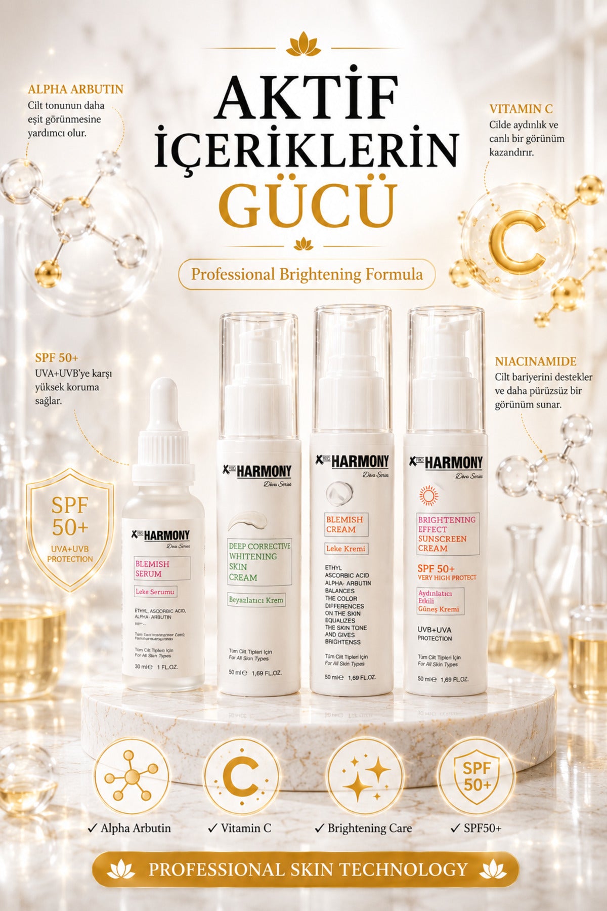 Leke Karşıtı 4 Adımlı Cilt Bakım Seti | Leke Serumu + Beyazlatıcı Krem + Leke Kremi + SPF50+ Aydınlatıcı Güneş Kremi
