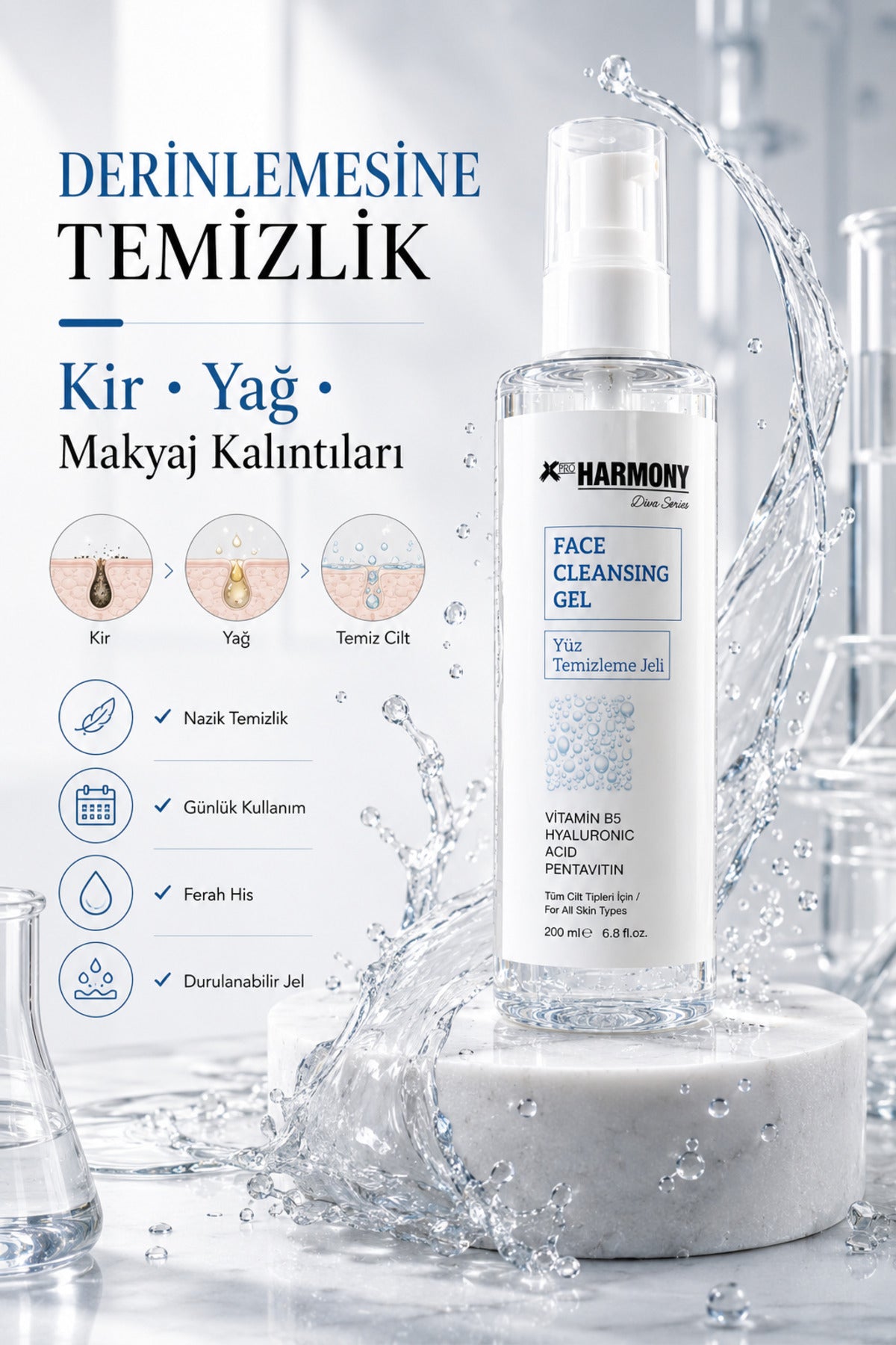 Nem Destekleyici Yüz Temizleme Jeli 200 ml | Hyalüronik Asit & Vitamin B5 | Günlük Cilt Temizleyici