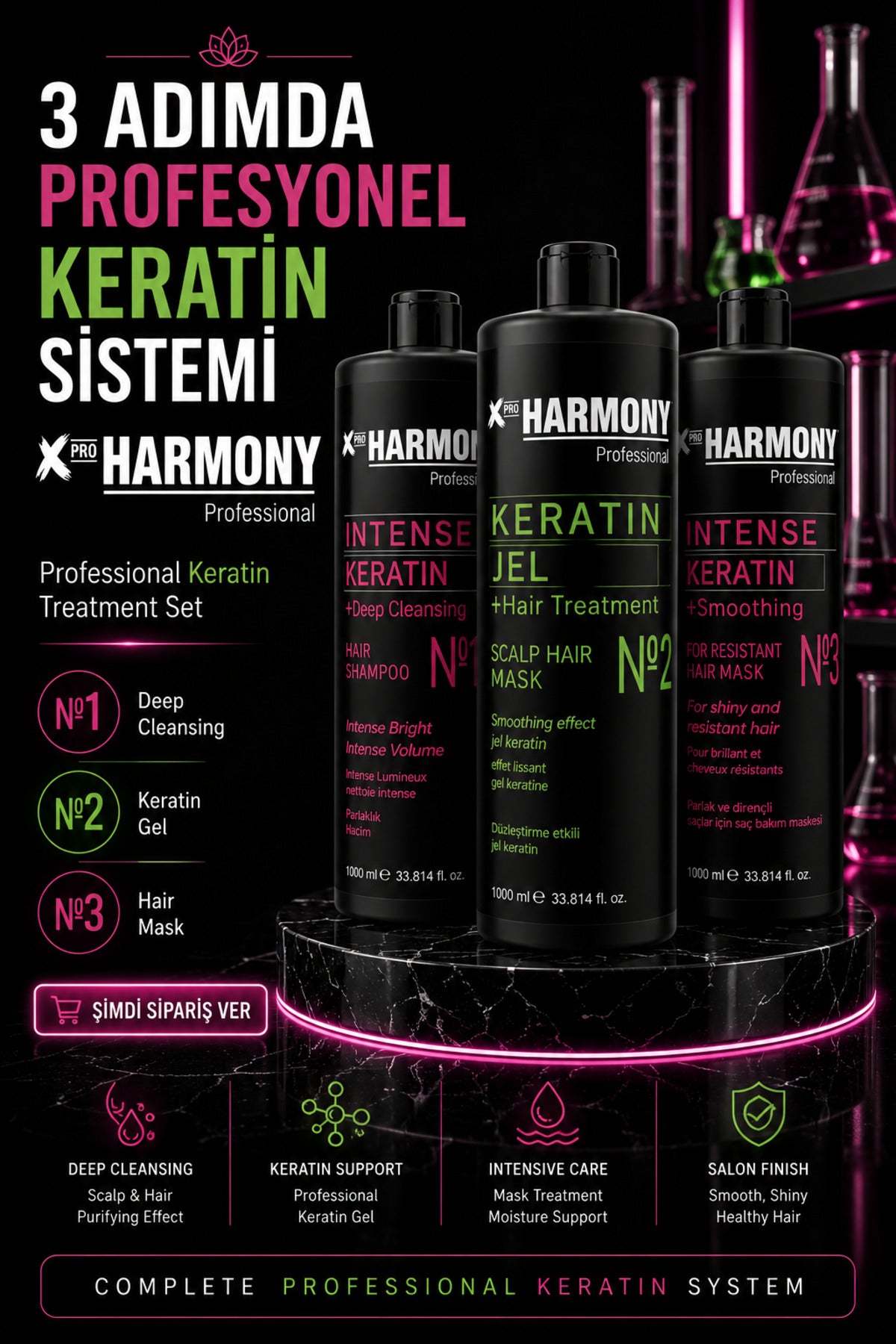 X-Pro Harmony 3'lü Keratin Uygulama Seti 1000 ml | Şampuan + Keratin Jel + Maske Profesyonel