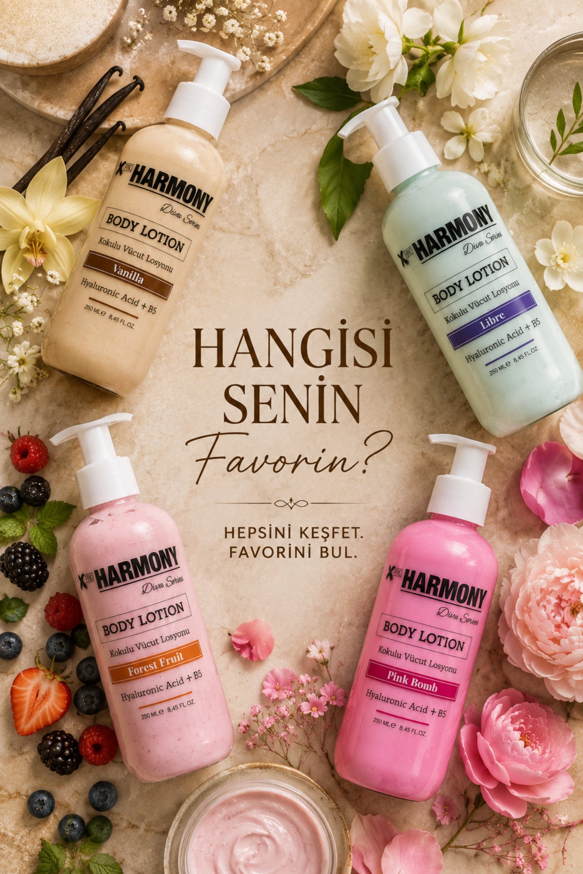 4 Ritüel Keşif Seti | 4 Farklı Kokuda Vücut Losyonu 250 ml x 4 (Vanilla, L-i-b-r-e, Forest Fruit, Pink Bomb)