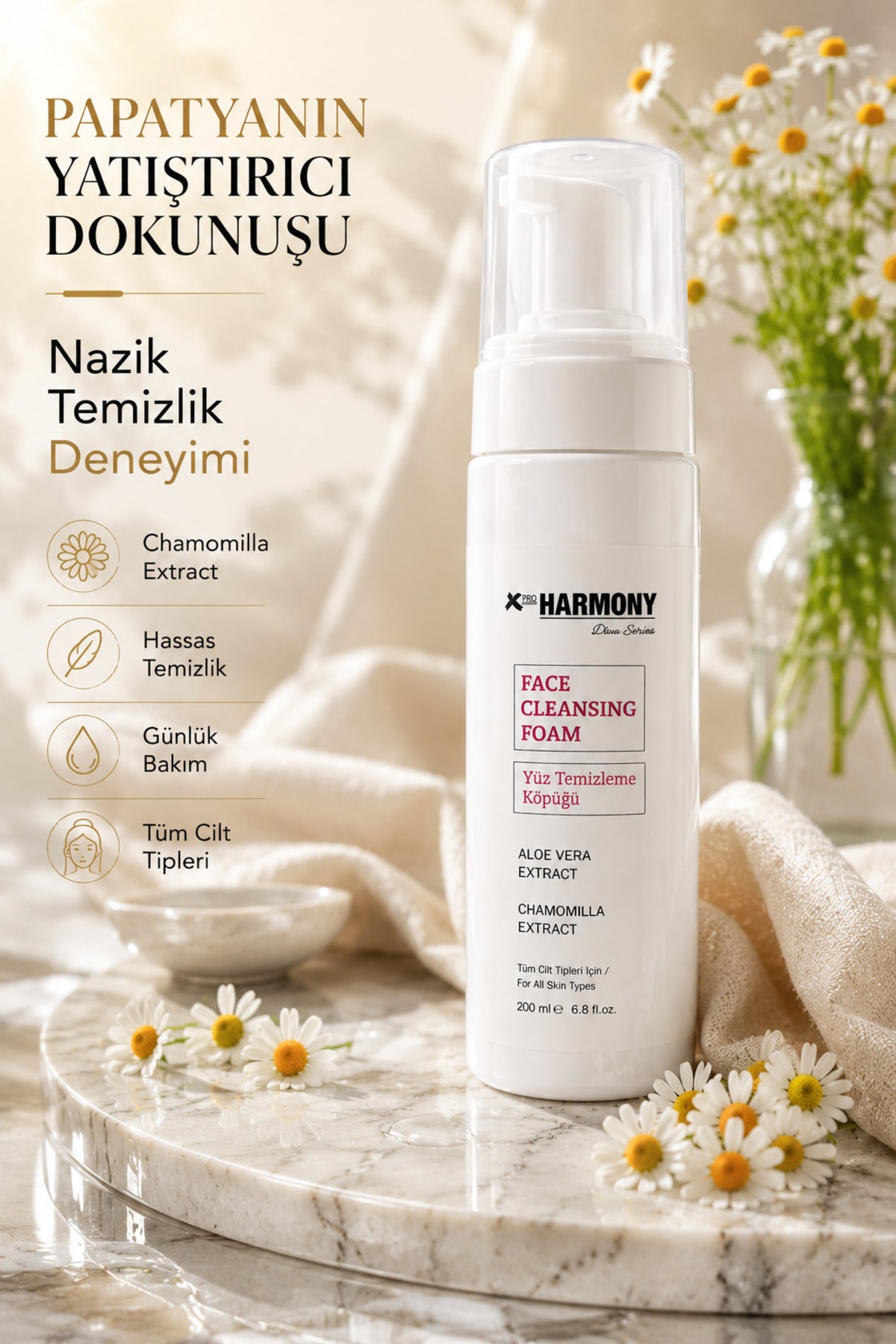 Gözenek Arındırıcı Yüz Temizleme Köpüğü 200 ml | Aloe Vera & Papatya Özlü Günlük Cilt Temizleyici