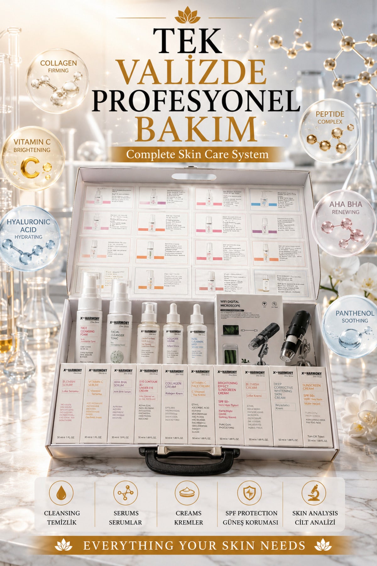 Profesyonel Cilt Analiz & Bakım Seti | 16 Parça Premium Skin Care Kit + WiFi Dijital Mikroskop + Taşıma Çantası