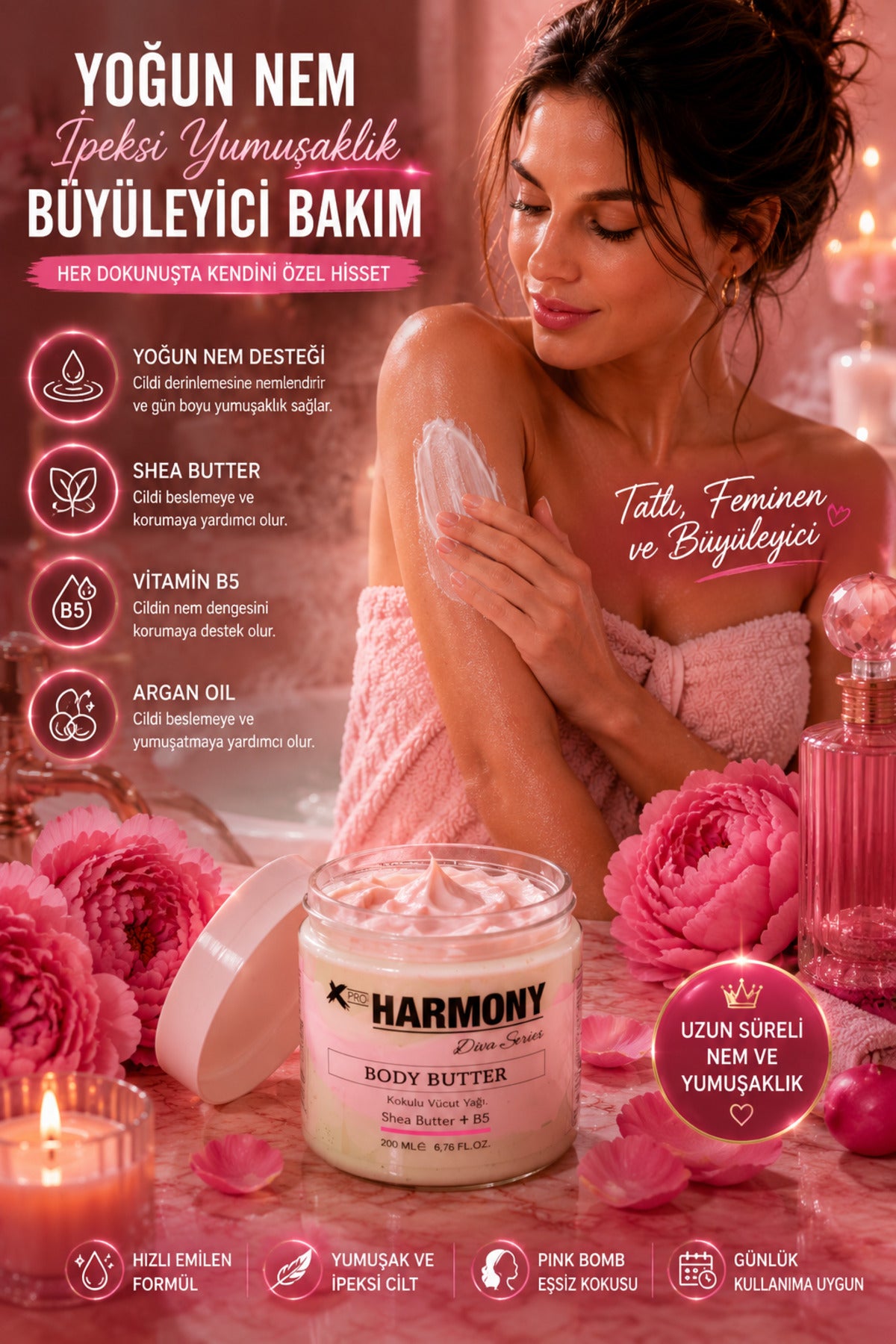 Pink Bomb Body Butter 200 ml | Shea Butter + Vitamin B5 + Argan Oil İçeren Yoğun Nemlendirici Vücut Bakım Kremi