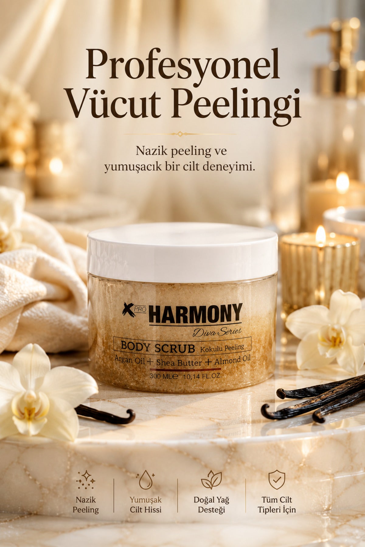Vanilla Body Scrub 300 ml | Shea Butter + Argan Oil + Almond Oil İçeren Vücut Peelingi