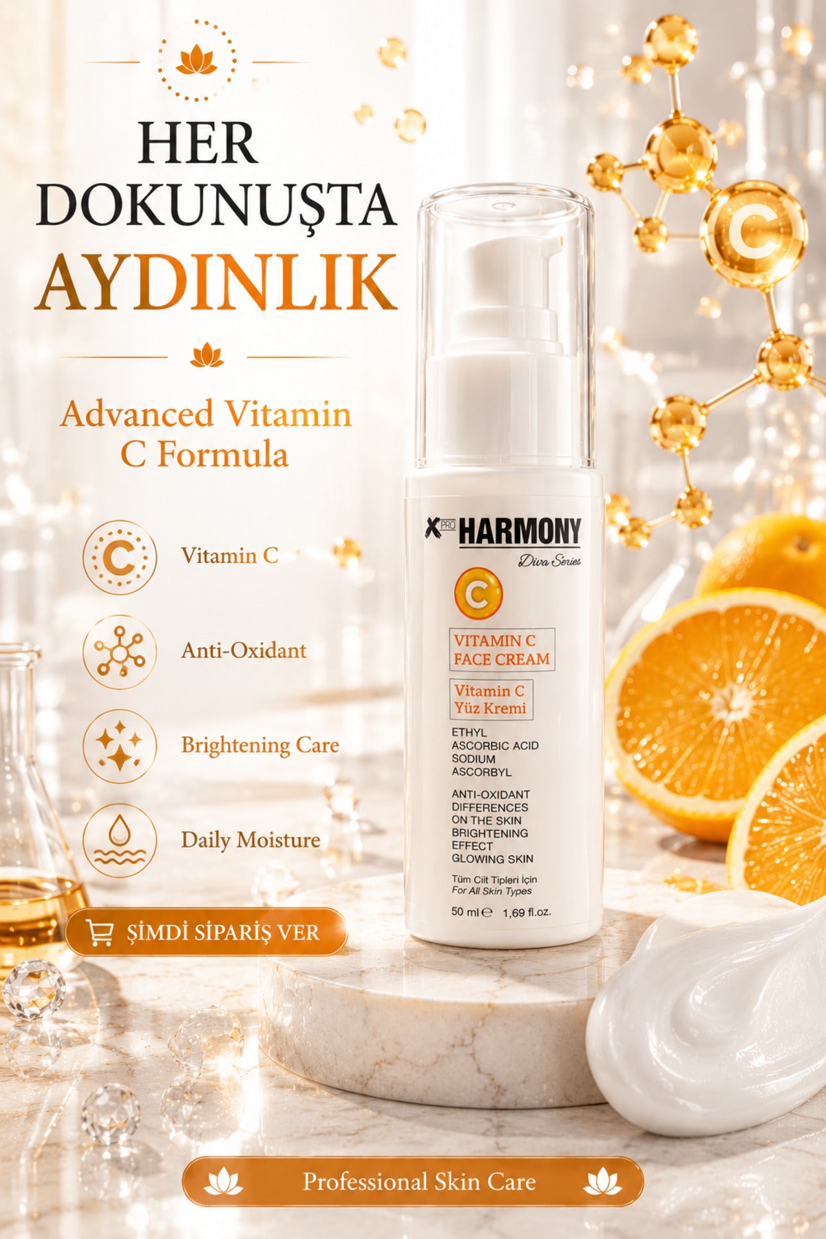 Vitamin C Aydınlatıcı Yüz Kremi 50 ml | Antioksidan Günlük Nemlendirici Cilt Tonu Eşitleyici Bakım