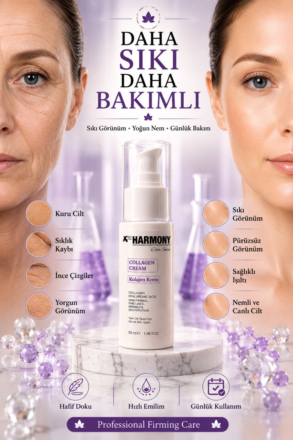 Collagen Cream 50 ml | Kolajen & Hyaluronic Acid İçeren Sıkılaştırıcı ve Yoğun Nemlendirici Yüz Bakım Kremi