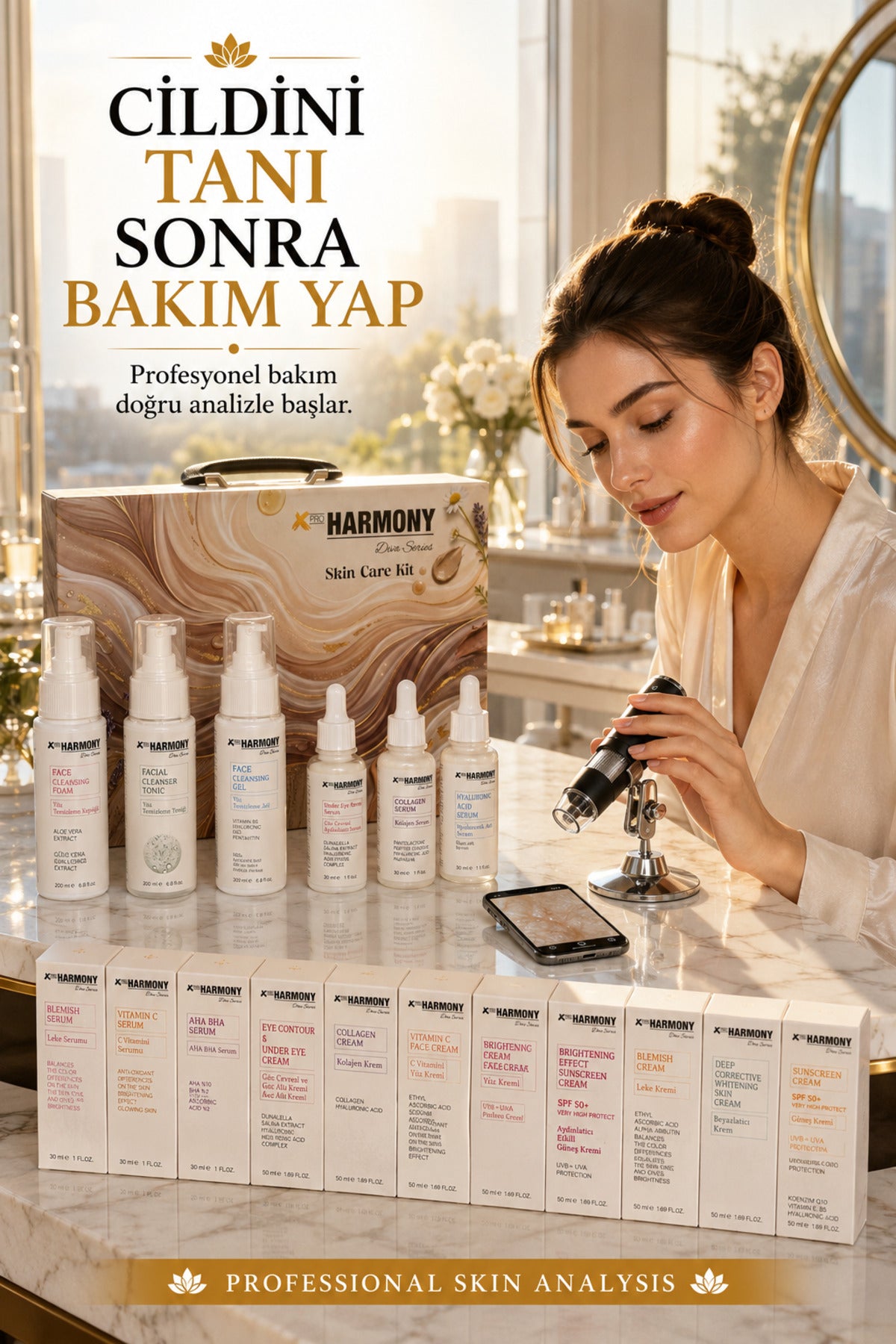 Profesyonel Cilt Analiz & Bakım Seti | 16 Parça Premium Skin Care Kit + WiFi Dijital Mikroskop + Taşıma Çantası