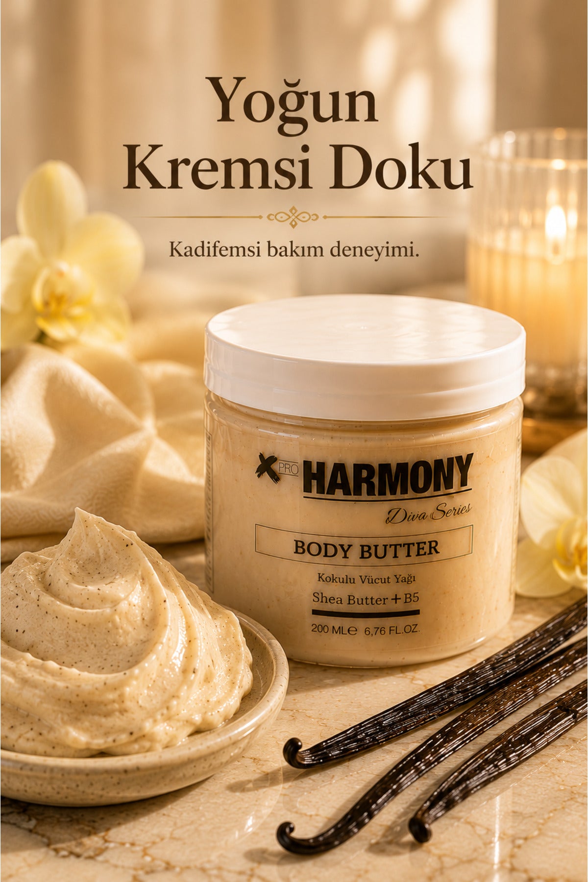 Vanilla Body Butter 200 ml | Shea Butter + Vitamin B5 + Argan Oil İçeren Yoğun Nemlendirici Vücut Bakım Kremi