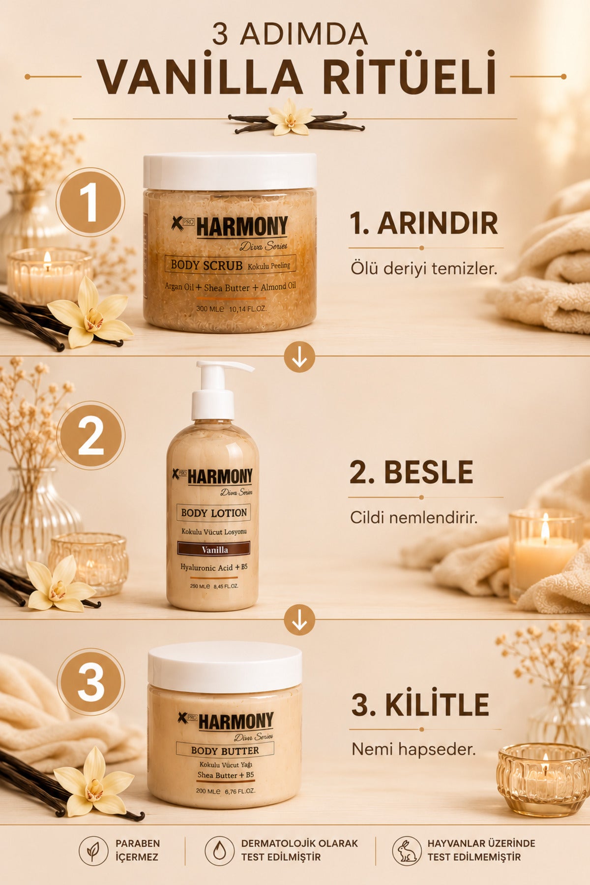 Vanilla Ritüeli 3’lü Vücut Bakım Seti 750 ml | Body Scrub + Body Lotion + Body Butter