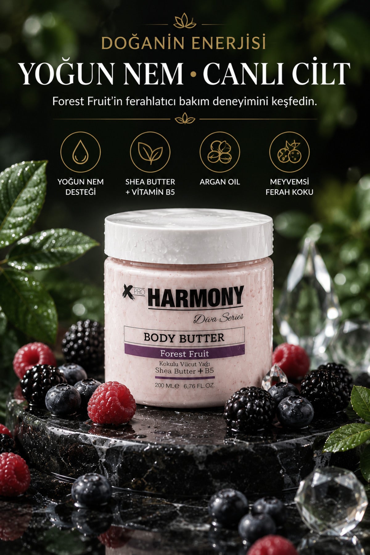 Fruit Body Butter 200 ml | Shea Butter + Vitamin B5 + Argan Oil İçeren Yoğun Nemlendirici Vücut Bakım Kremi