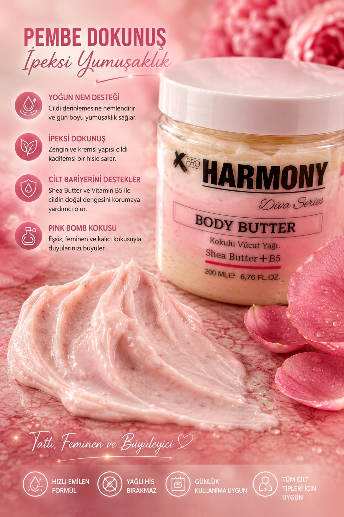 Pink Bomb Body Butter 200 ml | Shea Butter + Vitamin B5 + Argan Oil İçeren Yoğun Nemlendirici Vücut Bakım Kremi