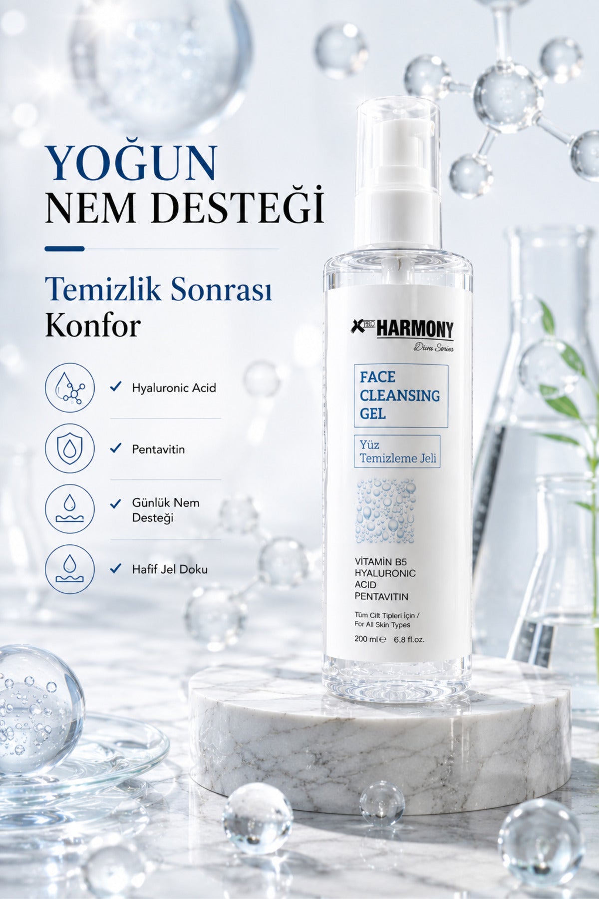 Nem Destekleyici Yüz Temizleme Jeli 200 ml | Hyalüronik Asit & Vitamin B5 | Günlük Cilt Temizleyici