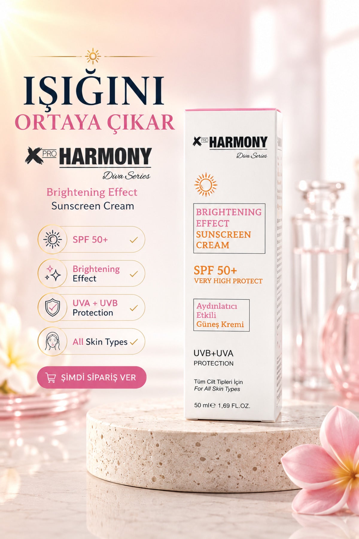 SPF 50+ Aydınlatıcı Etkili Güneş Kremi UVA+UVB Koruma Panthenol Hyaluronik Asit 50 ml