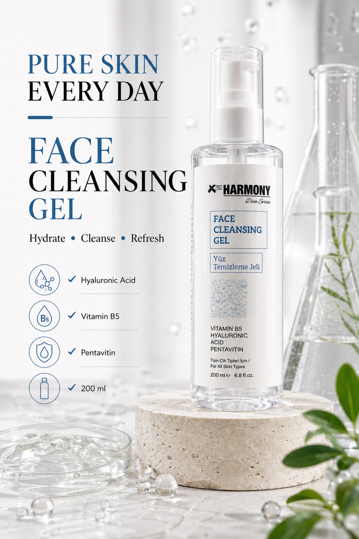 Nem Destekleyici Yüz Temizleme Jeli 200 ml | Hyalüronik Asit & Vitamin B5 | Günlük Cilt Temizleyici
