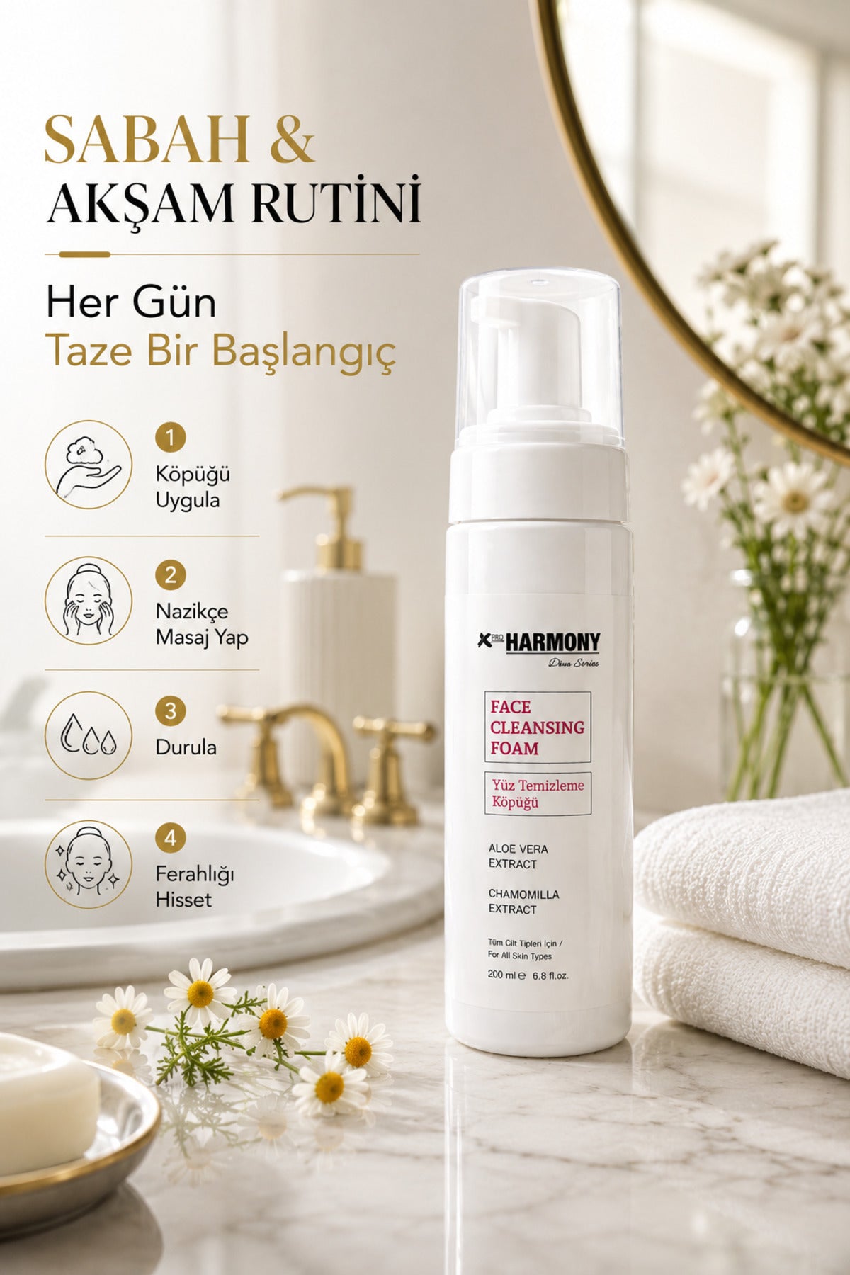 Gözenek Arındırıcı Yüz Temizleme Köpüğü 200 ml | Aloe Vera & Papatya Özlü Günlük Cilt Temizleyici