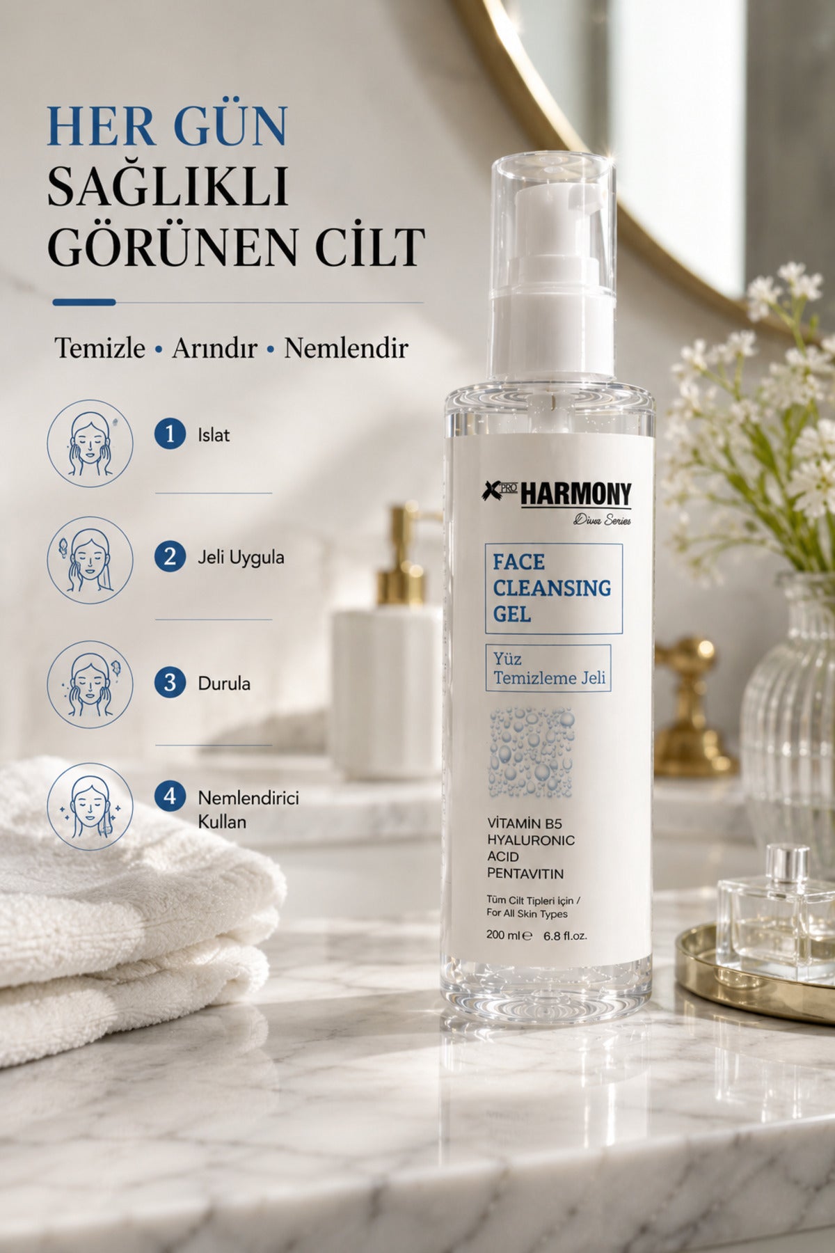 Nem Destekleyici Yüz Temizleme Jeli 200 ml | Hyalüronik Asit & Vitamin B5 | Günlük Cilt Temizleyici