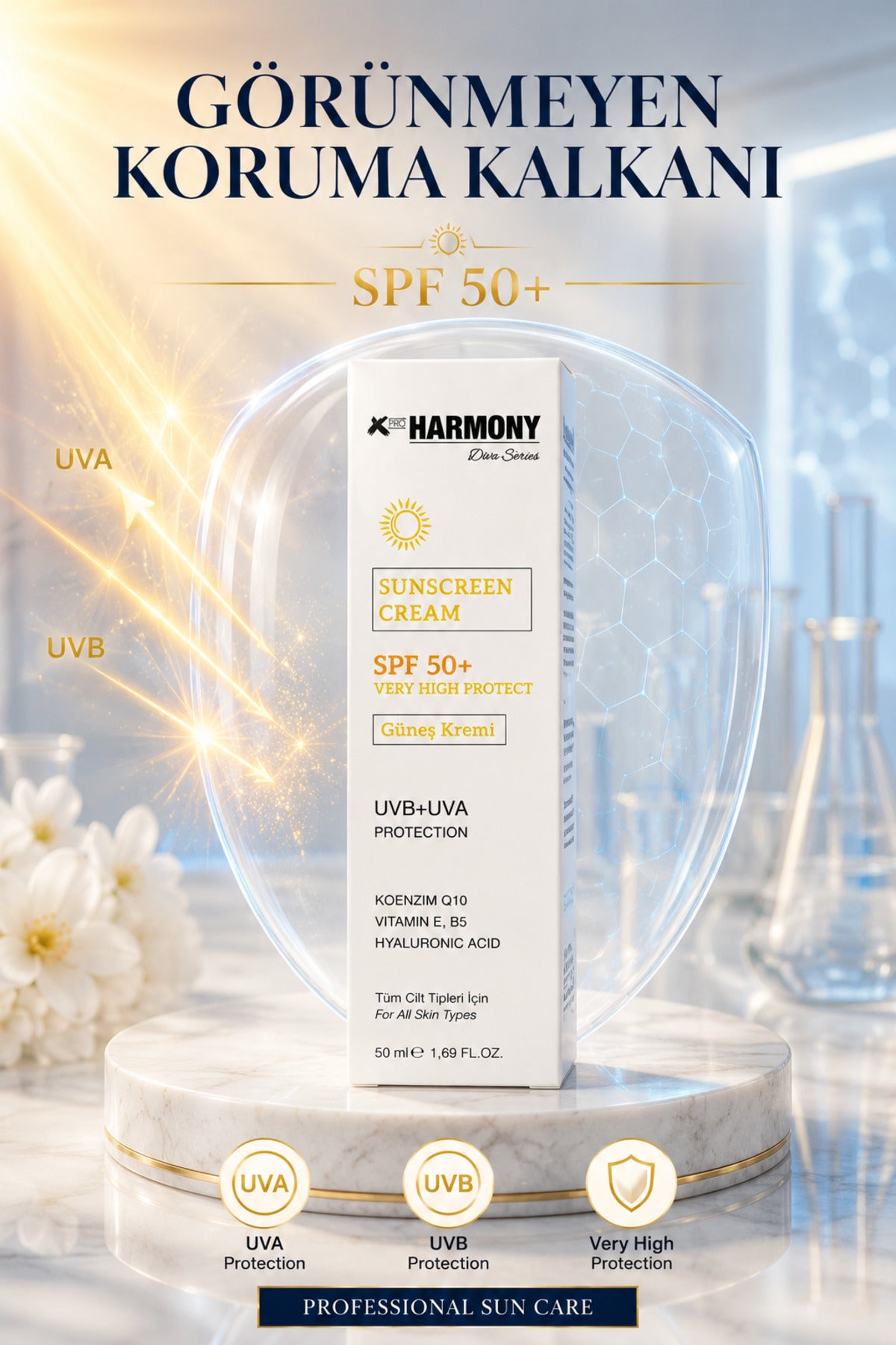 SPF 50+ Güneş Kremi Çok Yüksek Koruma UVA+UVB Q10 Vitamin E Hyaluronik Asit 50 ml