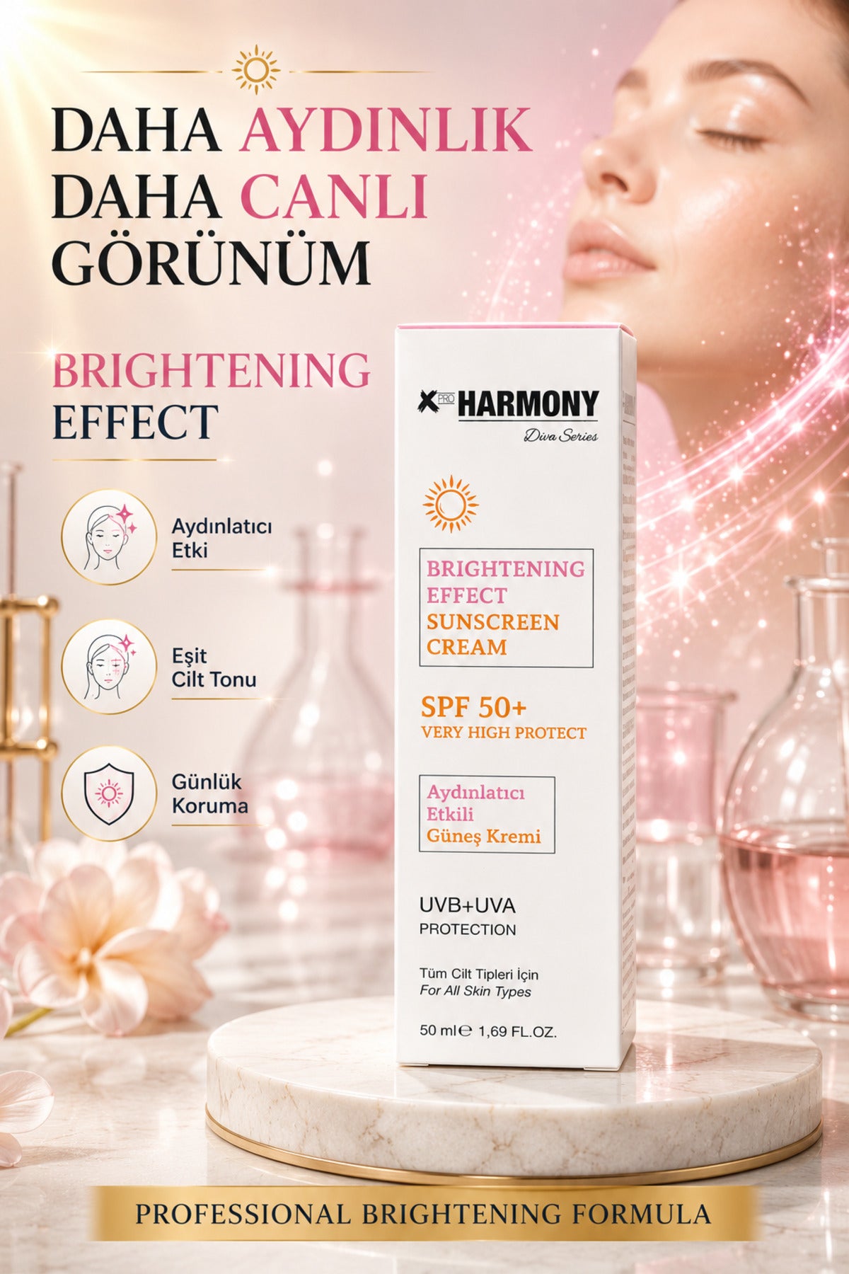 SPF 50+ Aydınlatıcı Etkili Güneş Kremi UVA+UVB Koruma Panthenol Hyaluronik Asit 50 ml