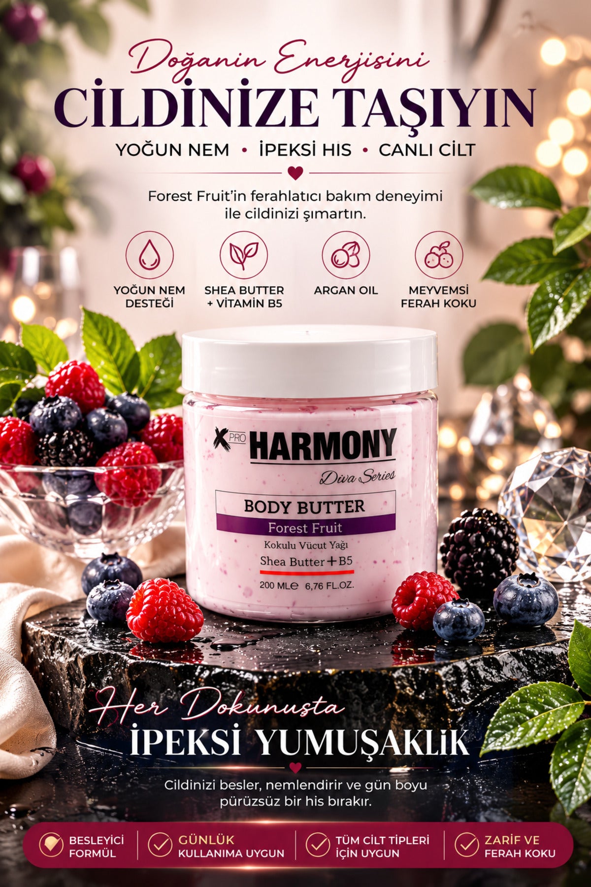 Fruit Body Butter 200 ml | Shea Butter + Vitamin B5 + Argan Oil İçeren Yoğun Nemlendirici Vücut Bakım Kremi