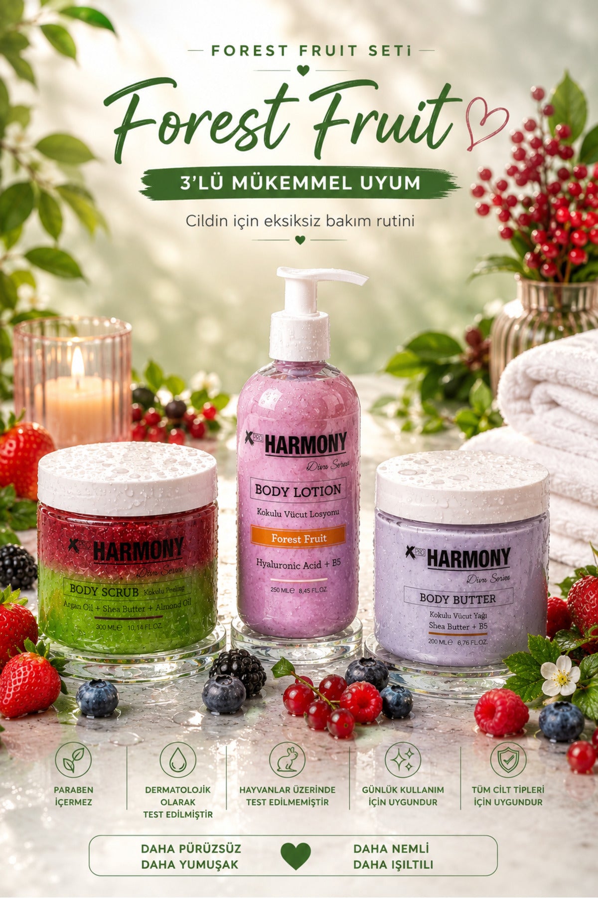 Forest Fruit Ritüeli 3’lü Vücut Bakım Seti 750 ml | Body Scrub + Body Lotion + Body Butter