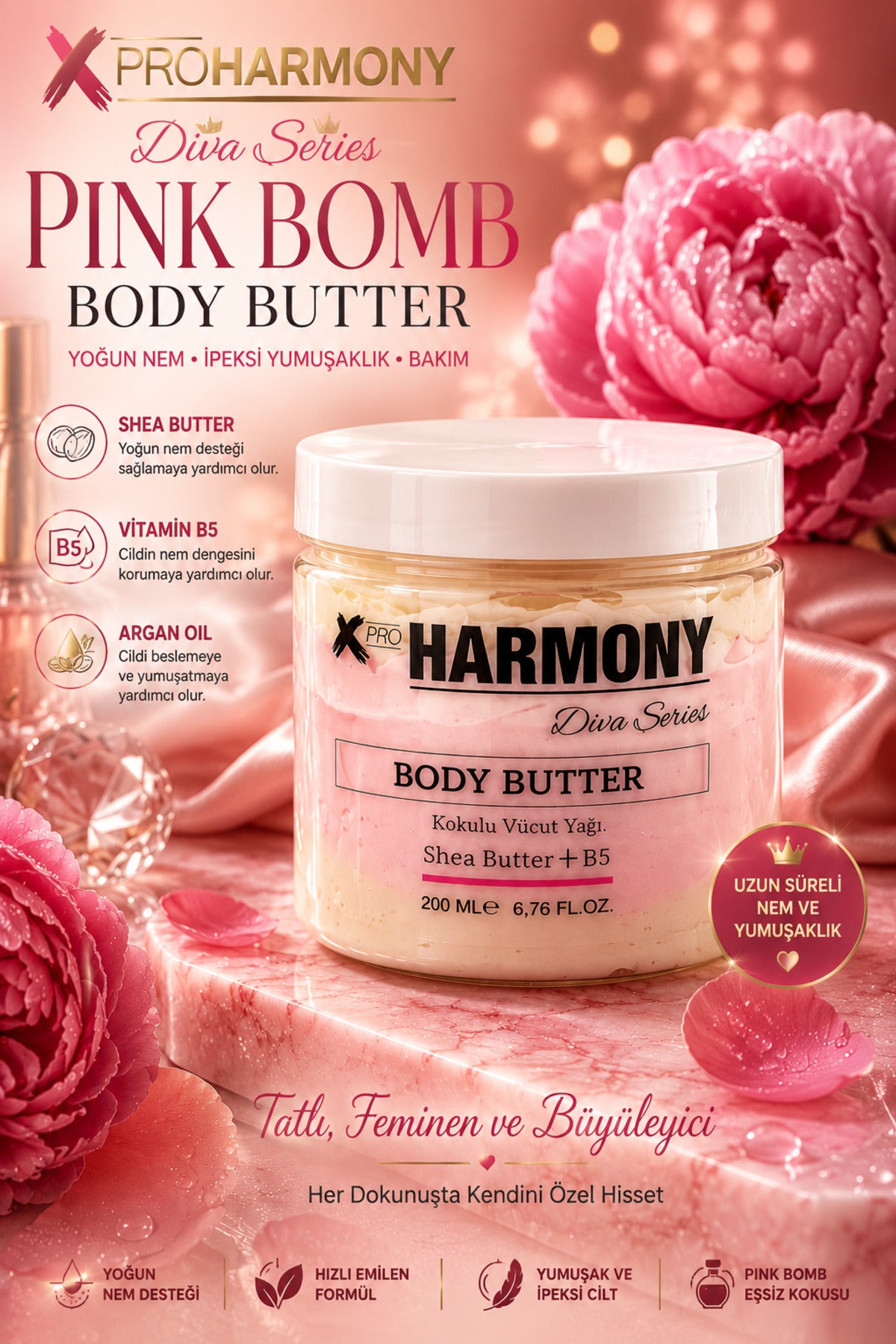 Pink Bomb Body Butter 200 ml | Shea Butter + Vitamin B5 + Argan Oil İçeren Yoğun Nemlendirici Vücut Bakım Kremi