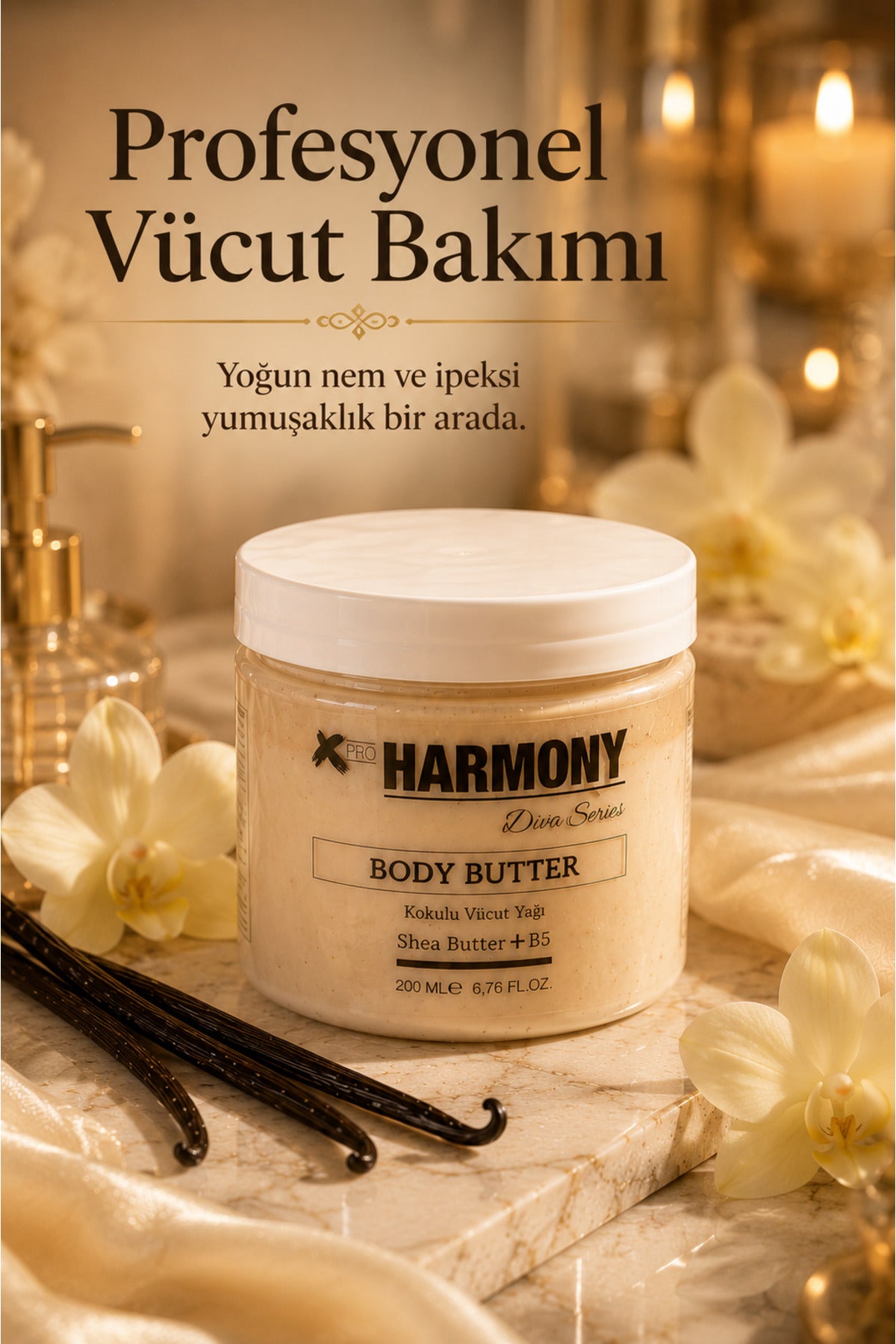 Vanilla Body Butter 200 ml | Shea Butter + Vitamin B5 + Argan Oil İçeren Yoğun Nemlendirici Vücut Bakım Kremi