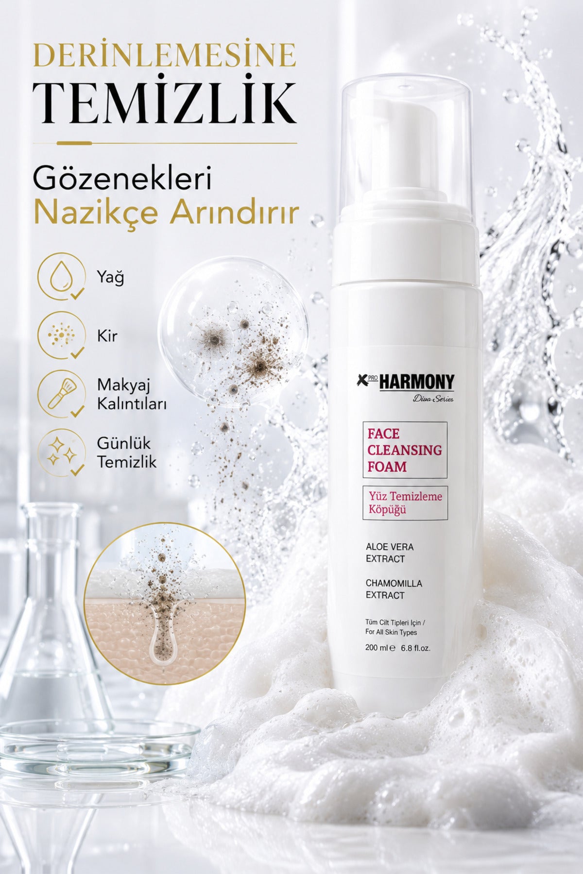 Gözenek Arındırıcı Yüz Temizleme Köpüğü 200 ml | Aloe Vera & Papatya Özlü Günlük Cilt Temizleyici