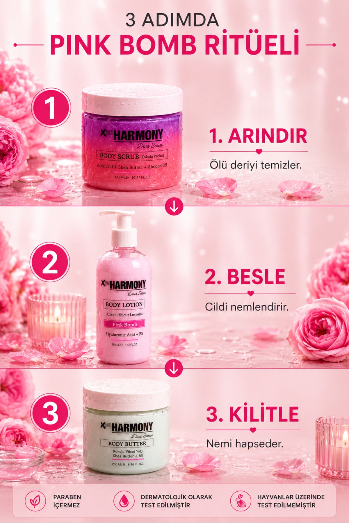 Pink Bomb Ritüeli 3’lü Vücut Bakım Seti 750 ml | Body Scrub + Body Lotion + Body Butter
