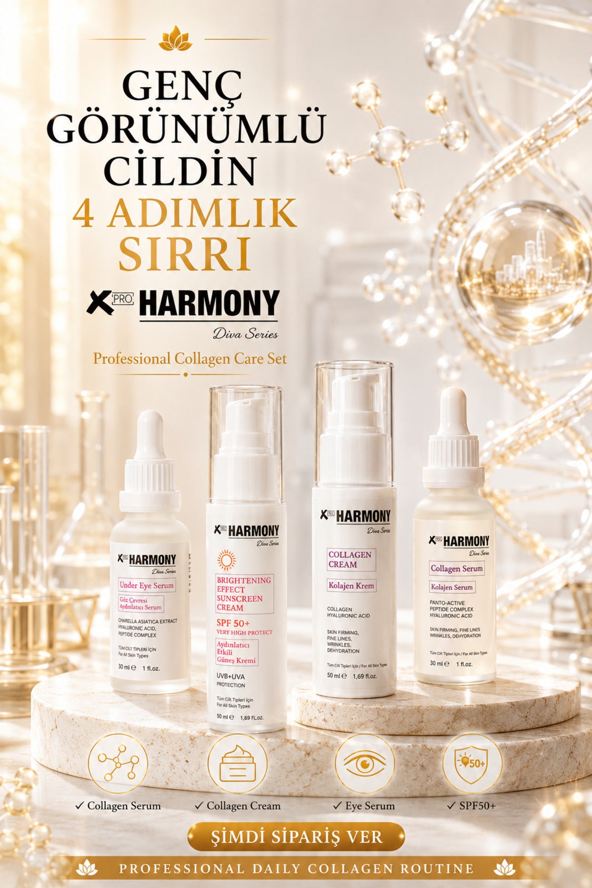 Kolajen Cilt Bakım Seti 4’lü | Kolajen Serum + Kolajen Krem + Göz Çevresi Serumu + SPF50+ Güneş Kremi