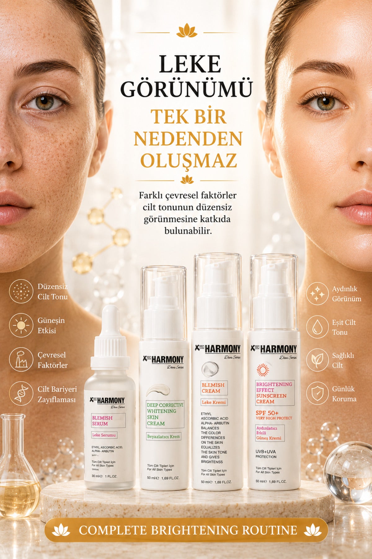 Leke Karşıtı 4 Adımlı Cilt Bakım Seti | Leke Serumu + Beyazlatıcı Krem + Leke Kremi + SPF50+ Aydınlatıcı Güneş Kremi