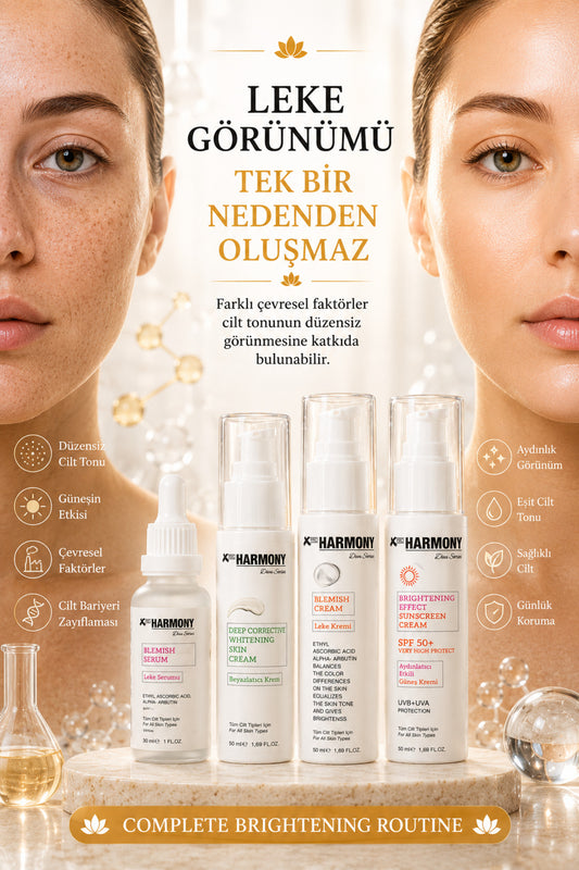 Leke Karşıtı 4 Adımlı Cilt Bakım Seti | Leke Serumu + Beyazlatıcı Krem + Leke Kremi + SPF50+ Aydınlatıcı Güneş Kremi