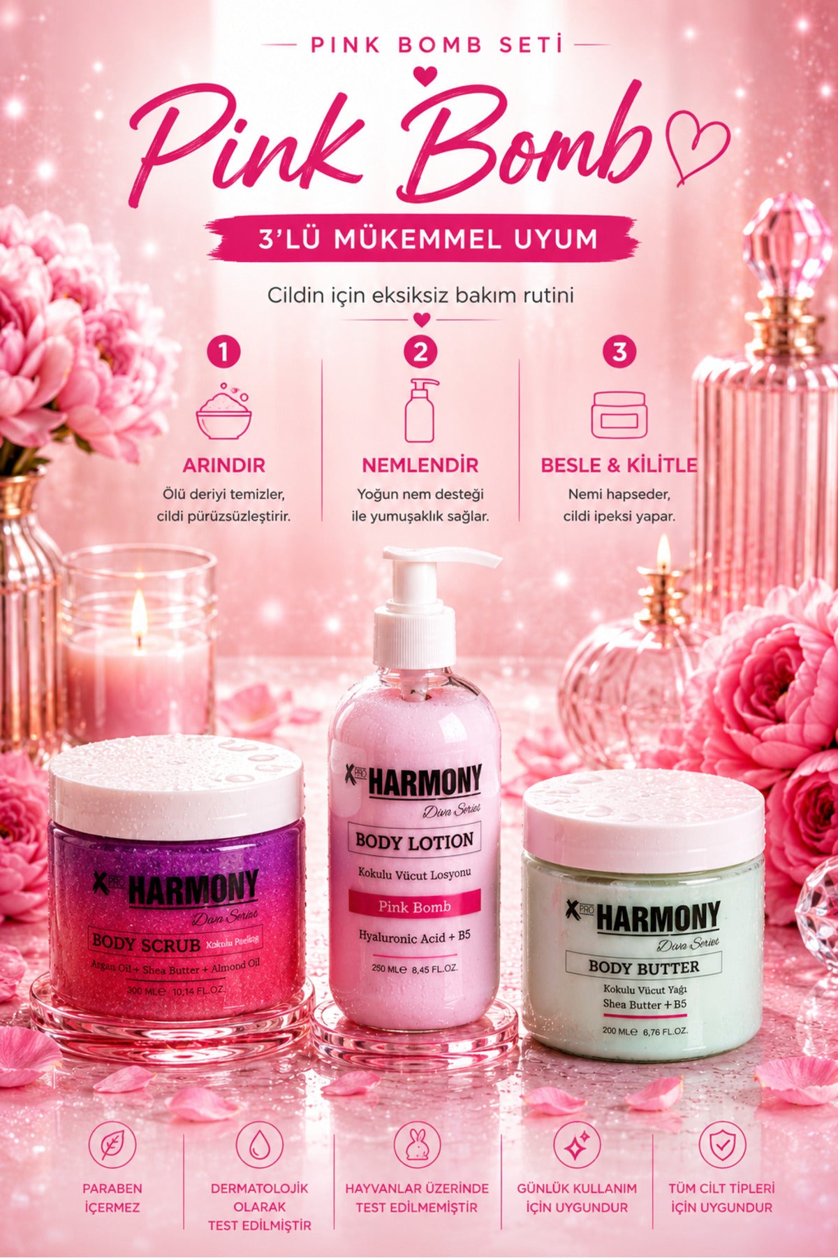 Pink Bomb Ritüeli 3’lü Vücut Bakım Seti 750 ml | Body Scrub + Body Lotion + Body Butter