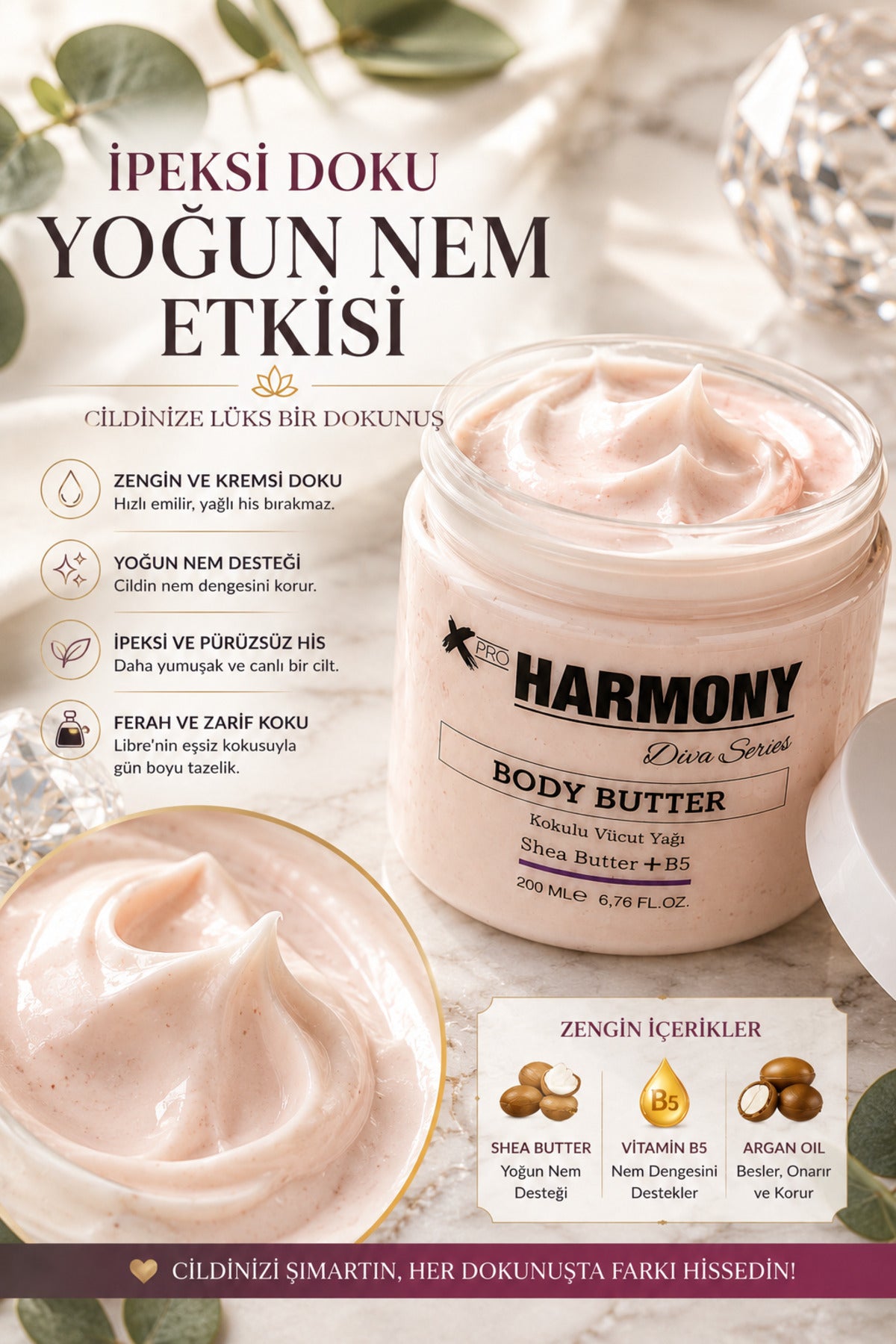 L-i-b-r-e Body Butter 200 ml | Shea Butter + Vitamin B5 + Argan Oil İçeren Yoğun Nemlendirici Vücut Bakım Kremi
