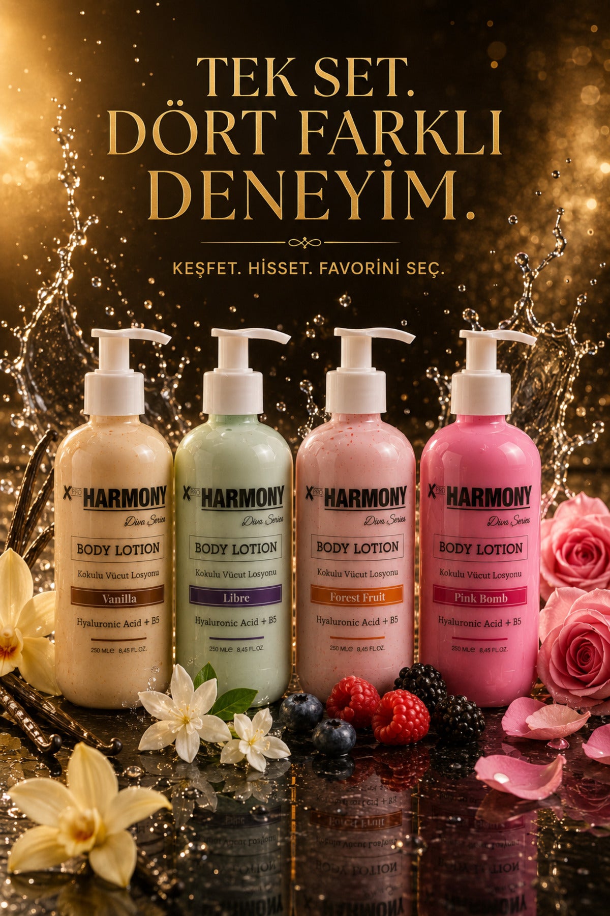 4 Ritüel Keşif Seti | 4 Farklı Kokuda Vücut Losyonu 250 ml x 4 (Vanilla, L-i-b-r-e, Forest Fruit, Pink Bomb)