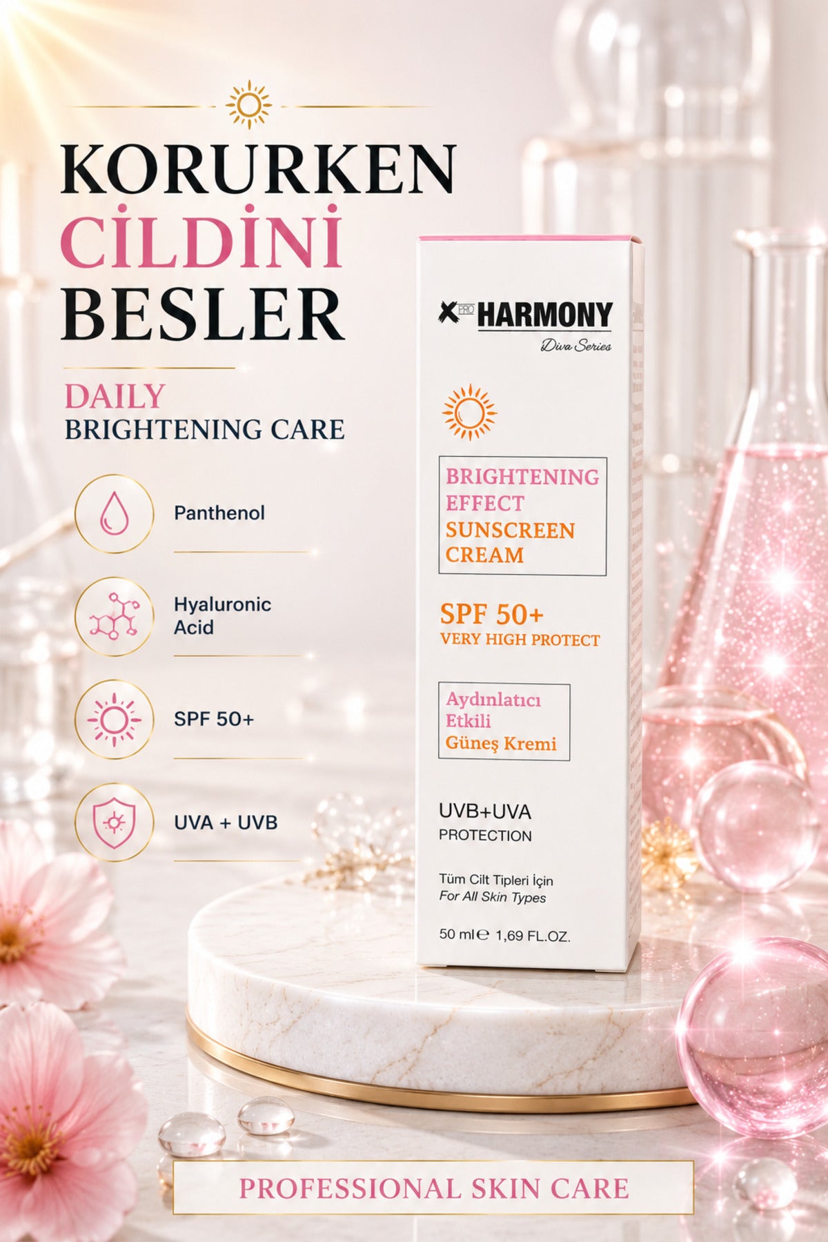 SPF 50+ Aydınlatıcı Etkili Güneş Kremi UVA+UVB Koruma Panthenol Hyaluronik Asit 50 ml