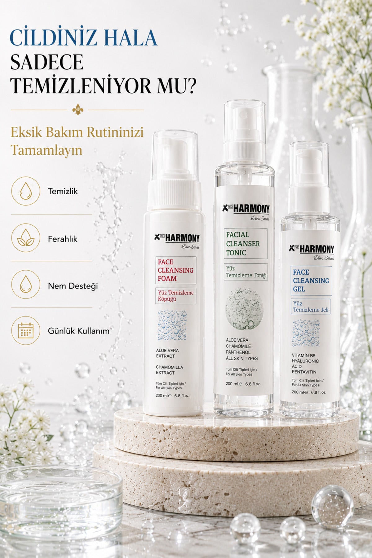 Profesyonel Günlük Cilt Temizleme Seti 600 ml | Temizle • Tonikle • Nem Desteği Sağla