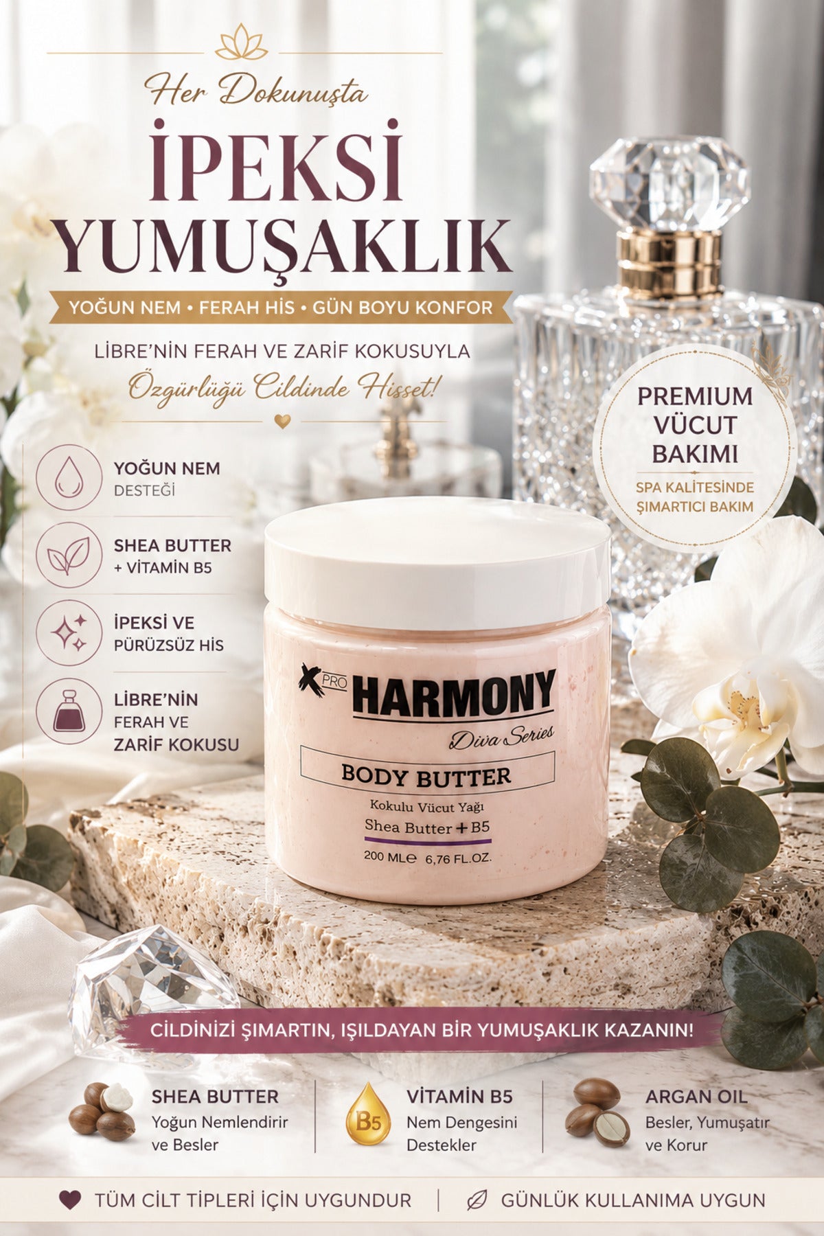 L-i-b-r-e Body Butter 200 ml | Shea Butter + Vitamin B5 + Argan Oil İçeren Yoğun Nemlendirici Vücut Bakım Kremi