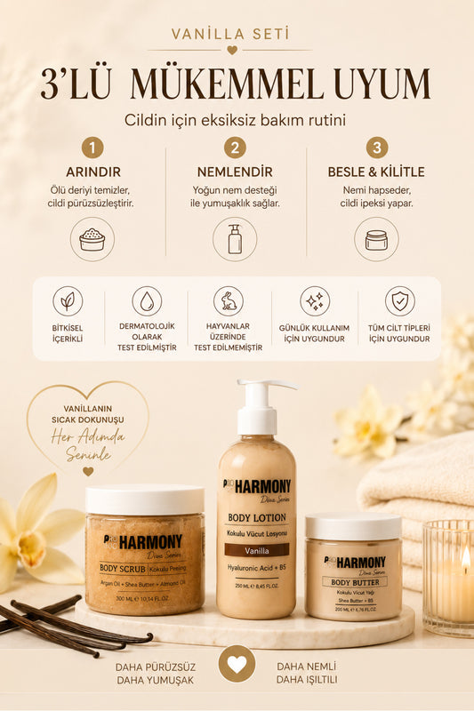 Vanilla Ritüeli 3’lü Vücut Bakım Seti 750 ml | Body Scrub + Body Lotion + Body Butter