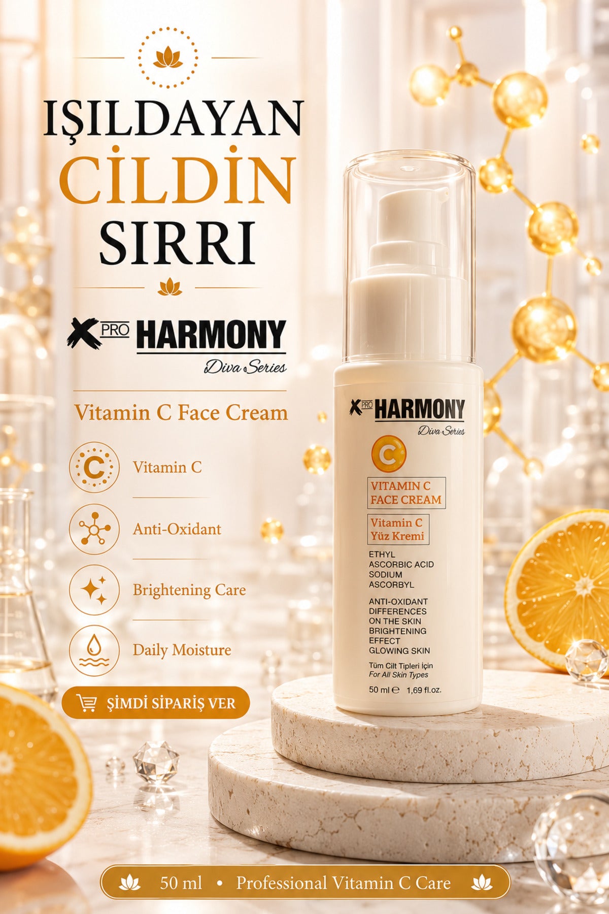 Vitamin C Aydınlatıcı Yüz Kremi 50 ml | Antioksidan Günlük Nemlendirici Cilt Tonu Eşitleyici Bakım