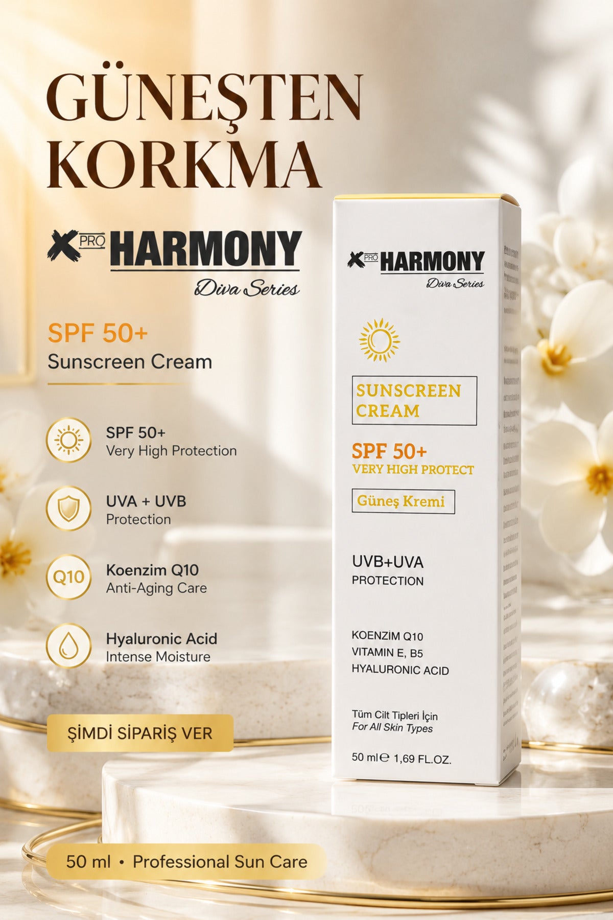 SPF 50+ Güneş Kremi Çok Yüksek Koruma UVA+UVB Q10 Vitamin E Hyaluronik Asit 50 ml