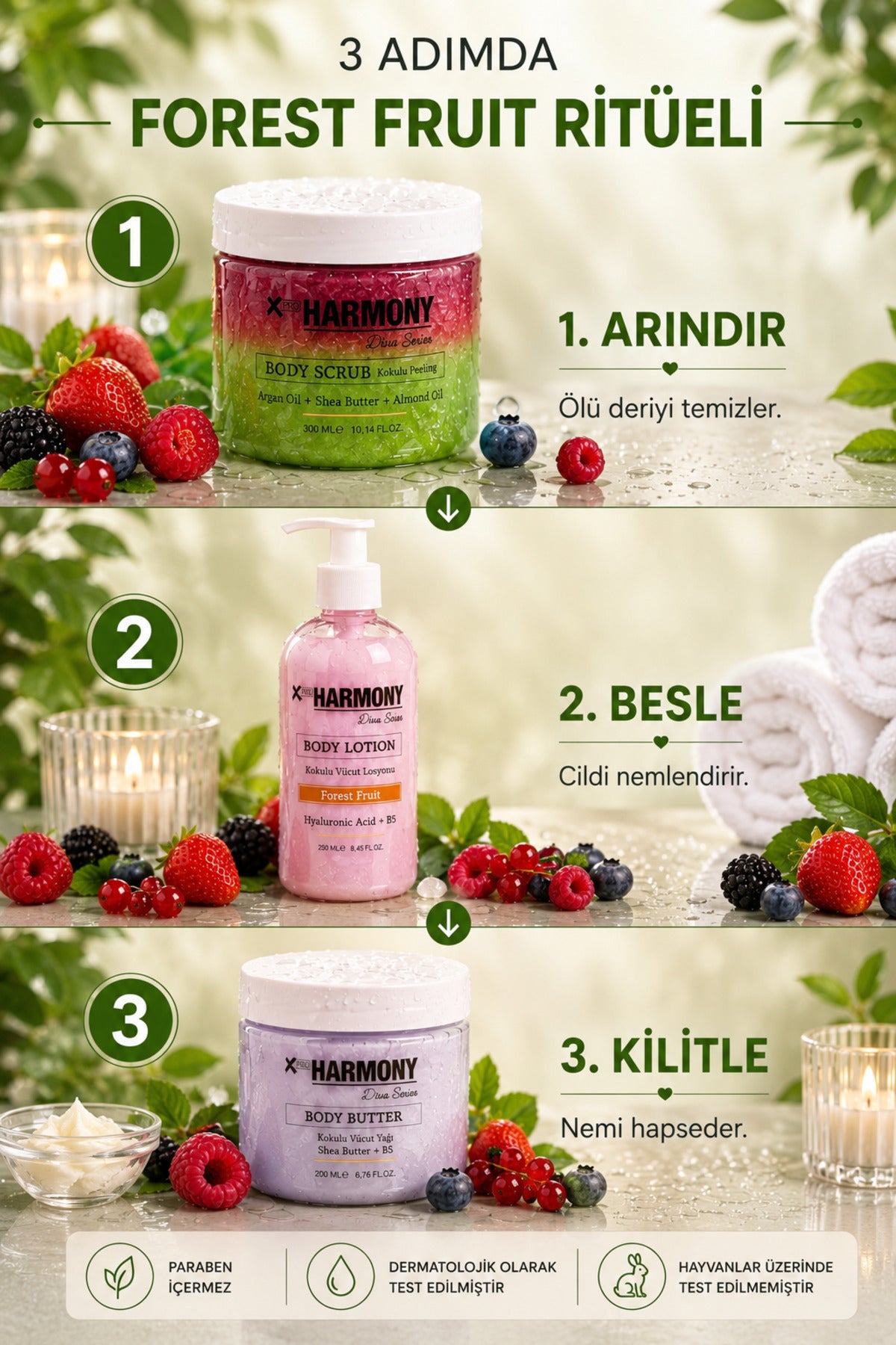 Forest Fruit Ritüeli 3’lü Vücut Bakım Seti 750 ml | Body Scrub + Body Lotion + Body Butter