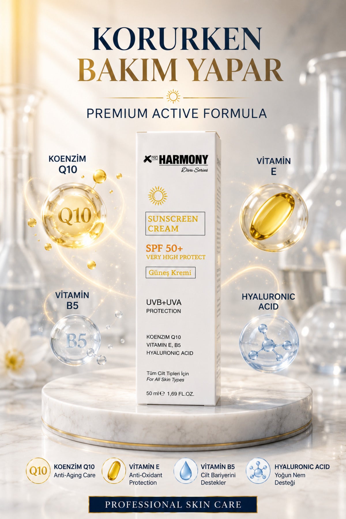 SPF 50+ Güneş Kremi Çok Yüksek Koruma UVA+UVB Q10 Vitamin E Hyaluronik Asit 50 ml